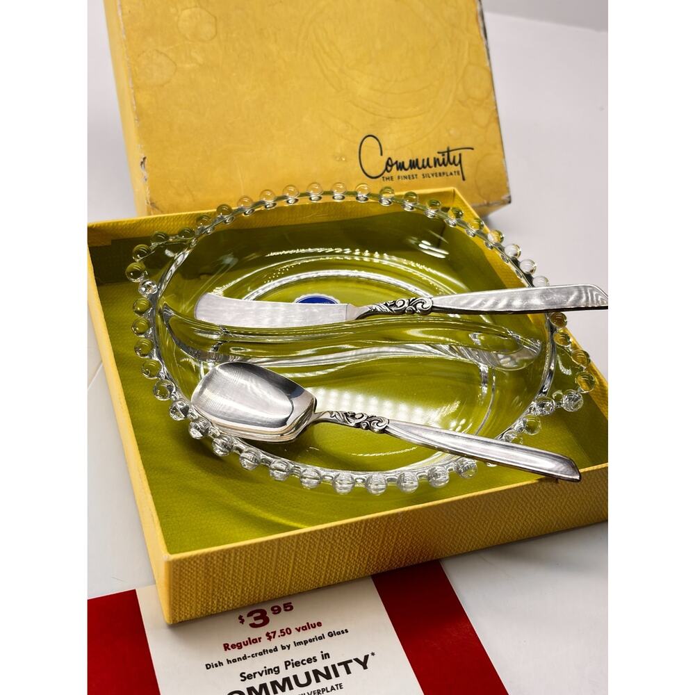 Vintage Imperial Glass Candlewick Relish Dish Set Community Silverplate 3 Pc Box